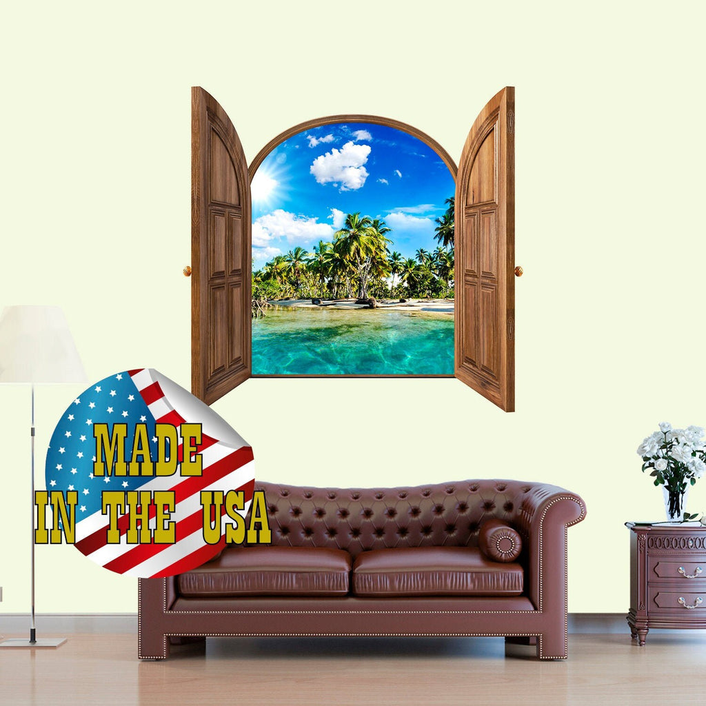 Quarantine Wall Decor for Any Room. Beach View Mural Removable. Palms Wall Decal 3D Effect. Window Frame Wall Decal with Ocean View Nature