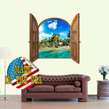 Load image into Gallery viewer, Quarantine Wall Decor for Any Room. Beach View Mural Removable. Palms Wall Decal 3D Effect. Window Frame Wall Decal with Ocean View Nature