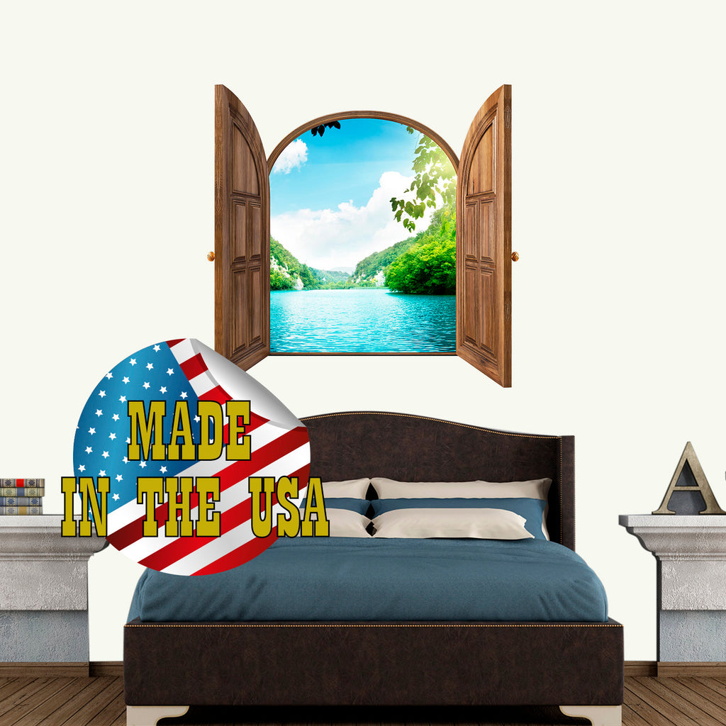 Beach View Wall Mural Removable. Quarantine Decor for Any Room. Palms Wall Decal 3D Effect. Window Frame Wall Decal with Sky Ocean View