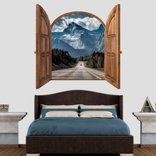 Load image into Gallery viewer, Mountain Wall Decal. Snowy Mountain Peaks with Clouds Wall Mural. Pine Tree Forest Wall Decal. 3D Wall Sticker Window Frame Wall Poster