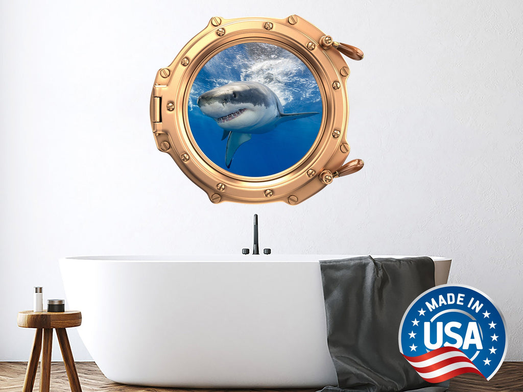 Shark Submarine Porthole Wall Decal. Wild Animal Vinyl Sticker. Nautical Removable Decoration. Peel and Stick. Shark Bathroom Decor NT70