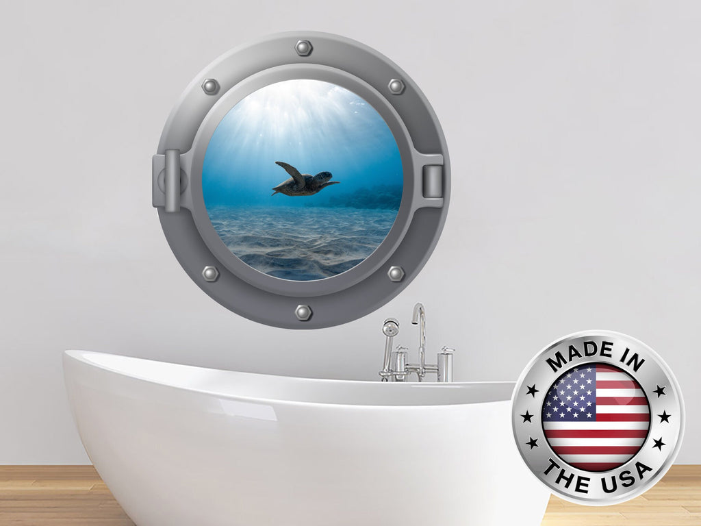 Sea Turtle Wall Decal. Nautical Vinyl Sticker. Porthole Wall Murals. View 3D Window Removable Decal. Underwater Porthole Bathroom Decor NT68