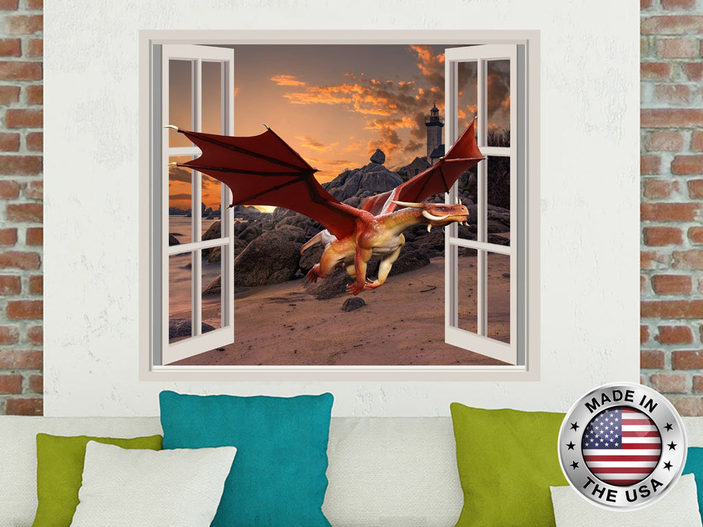 Dragon Window Wall Decal. Nature Vinyl Sticker Murals. Sunset Removable Decals. Dragon Decorations. Dragon Above Bed Bedroom Decor NT62