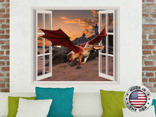 Load image into Gallery viewer, Dragon Window Wall Decal. Nature Vinyl Sticker Murals. Sunset Removable Decals. Dragon Decorations. Dragon Above Bed Bedroom Decor NT62