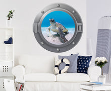Load image into Gallery viewer, Sea Turtle Porthole Wall Decal. Nautical Vinyl Sticker Murals. View 3D Window Removable Decals. Underwater Porthole Above Bed Decals NT7