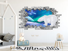 Load image into Gallery viewer, Polar Bear Hole in the Decals. Aurora Borealis Vinyl Sticker Murals. White Bear Nursery Removable Decals. Northern Lights Bedroom Decor NT12