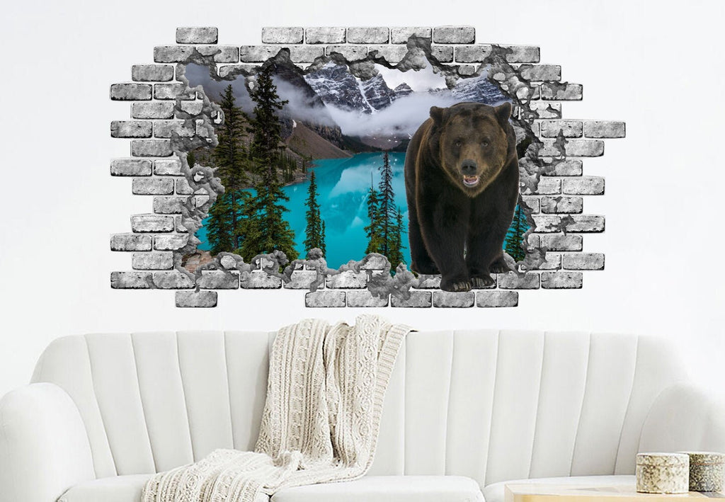 Bear Hole in the Decals. Woodland Vinyl Sticker. Nature Pine Tree Wall Murals. Bear Removable Decals. Bear Above Bed Bedroom Decor NT29