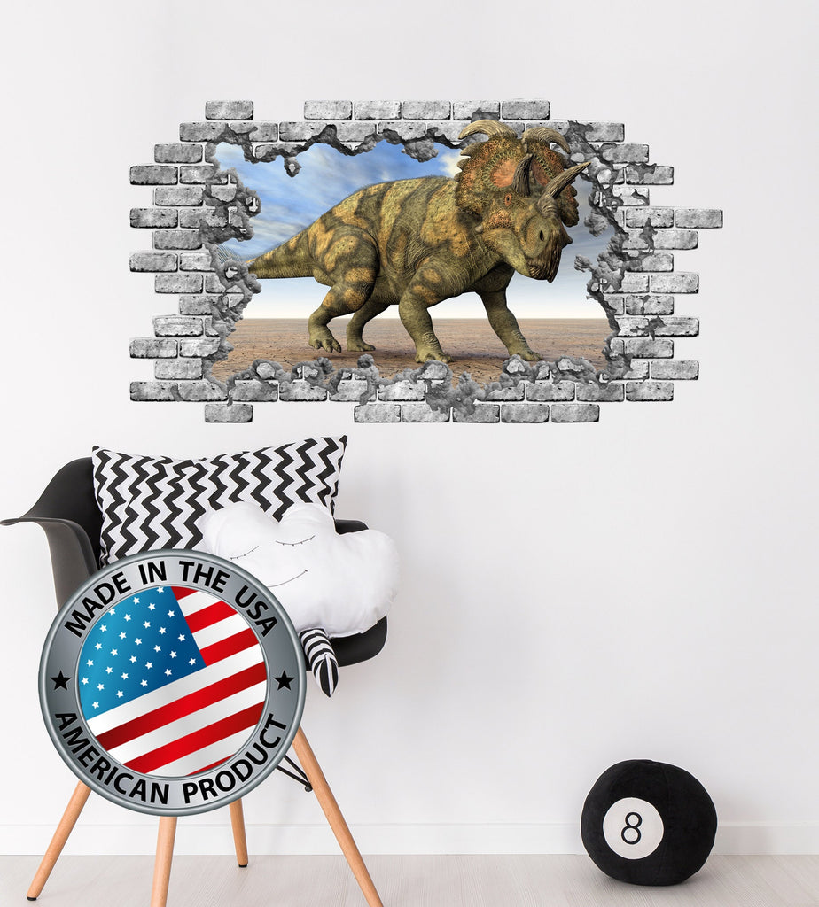 3D Dinosaur Wall Decal Kids, Jurassic World Decor for Boys Room, Hole in the Wall Sticker Peel and Stick, Triceratops Wall Decal Nursery