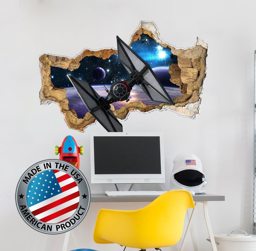 3D Hole in the Wall Mural - Outer Space Wall Decal Kids - Spaceship Wall Decal Boy - Space Shuttle Wall Decor Nursery - Galaxy Wall Sticker