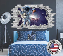 Load image into Gallery viewer, 3D Cosmonaut Hole in the Decals. Planets Space Galaxy Vinyl Sticker. Astronaut Wall Murals. Space Removable Decals. Boys Room Decor NT41