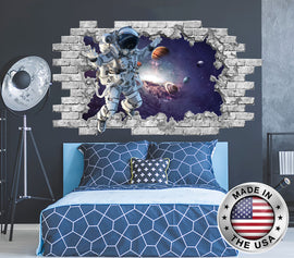 3D Cosmonaut Hole in the Decals. Planets Space Galaxy Vinyl Sticker. Astronaut Wall Murals. Space Removable Decals. Boys Room Decor NT41