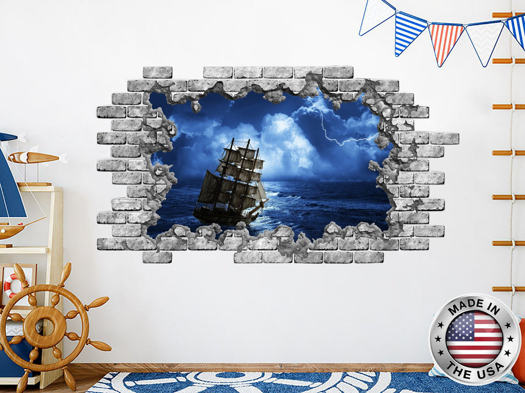 Nautical Hole in the Decals. Ship Vinyl Sticker Murals. Sea Ocean Window Removable Decal. Ship Above Crib. Nautical Boys Bedroom Decor NT79