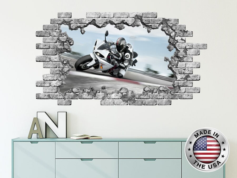 Motorcycle Hole in the Decals. Motorcycling Vinyl Sticker Murals. Sport Removable Decal. Motorcyclist Above Bed Decal. Boys Room Decor NT88