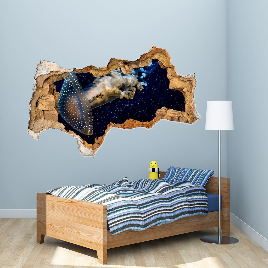 Nautical Wall Decal Bathroom. 3D Hole in the Wall Sticker. Ocean Life Wall Decor Kids. Jellyfish Wall Mural Custom Size Available P217