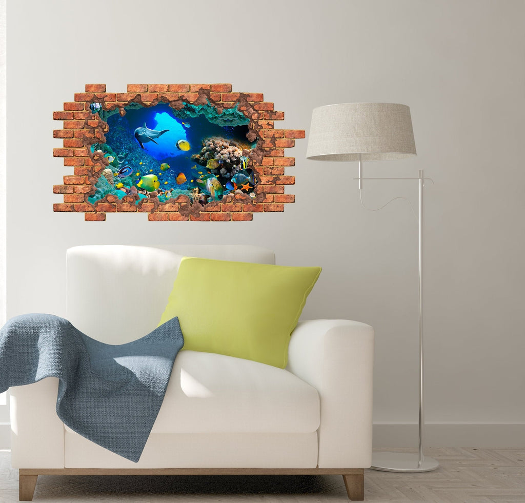 Underwater Life 3D Hole in the Wall Sticker. Ocean Life Wall Decor Kids. Sea Fish Wall Mural. Dolphin Wall Decal. Exotic Fish Wall Decal