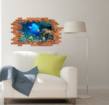 Load image into Gallery viewer, Underwater Life 3D Hole in the Wall Sticker. Ocean Life Wall Decor Kids. Sea Fish Wall Mural. Dolphin Wall Decal. Exotic Fish Wall Decal