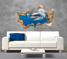 Load image into Gallery viewer, 3d Shark Wall Decal. Hole in the Wall Mural. Ocean Life Wall Sticker. Predator Wall Decal. Nautical Wall Decor. White Shark Wall Art. P227