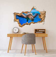 Load image into Gallery viewer, 3d Effect Turtle Wall Decal. Underwater Life Wall Mural. Hole in the Wall Decal. Ocean Animal Wall Sticker Kids. Nautical Room Wall Decor