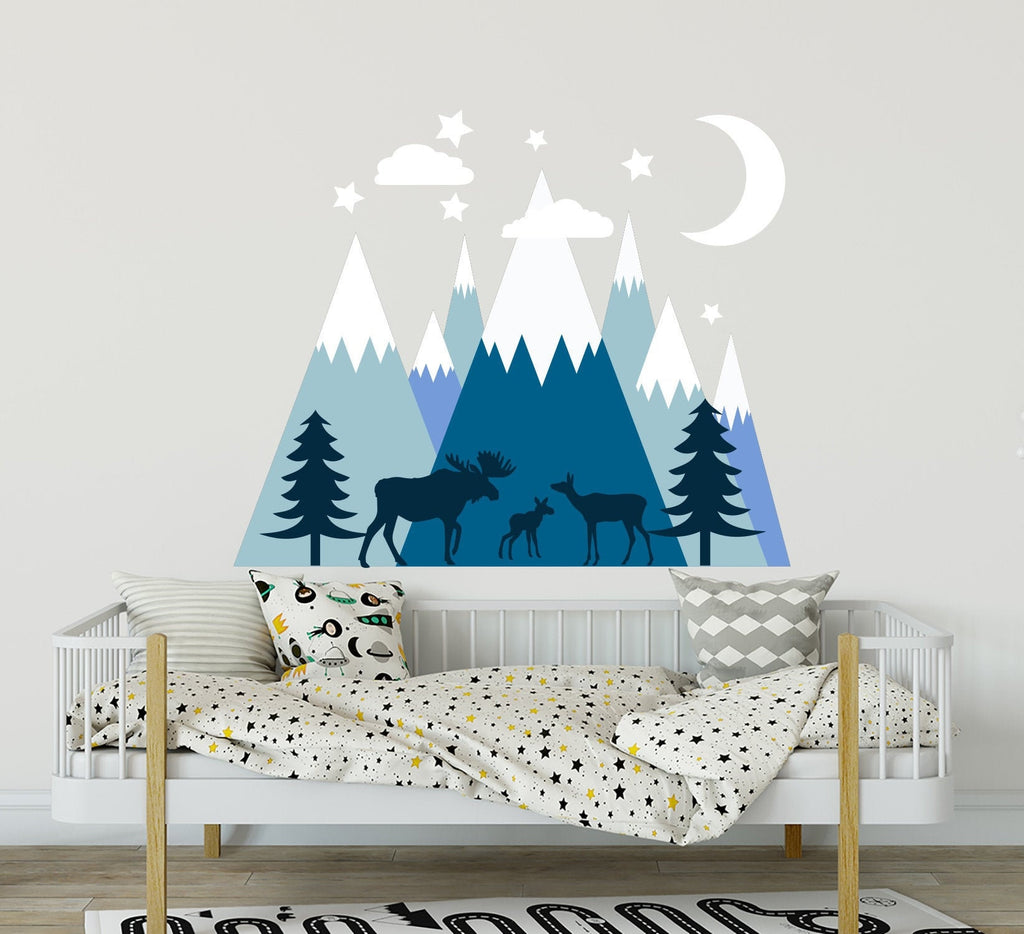 Moose Family Wall Decal Kids. Pine Tree Forest Wall Mural. Blue Mountain Wall Decal Boy Room. Moon and Stars Wall Decor. Woodland Decal