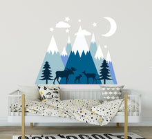 Load image into Gallery viewer, Moose Family Wall Decal Kids. Pine Tree Forest Wall Mural. Blue Mountain Wall Decal Boy Room. Moon and Stars Wall Decor. Woodland Decal
