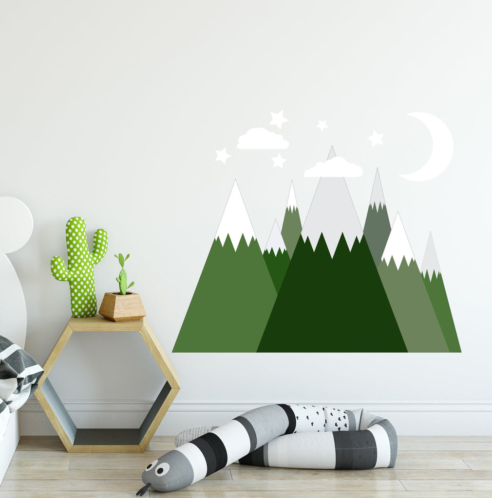 Mountain Wall Decals Nursery Room. Large Green Mountains Range Wall Mural. Stars and Moon Wall Decal Kids. Woodland Wall Decor Baby Boy