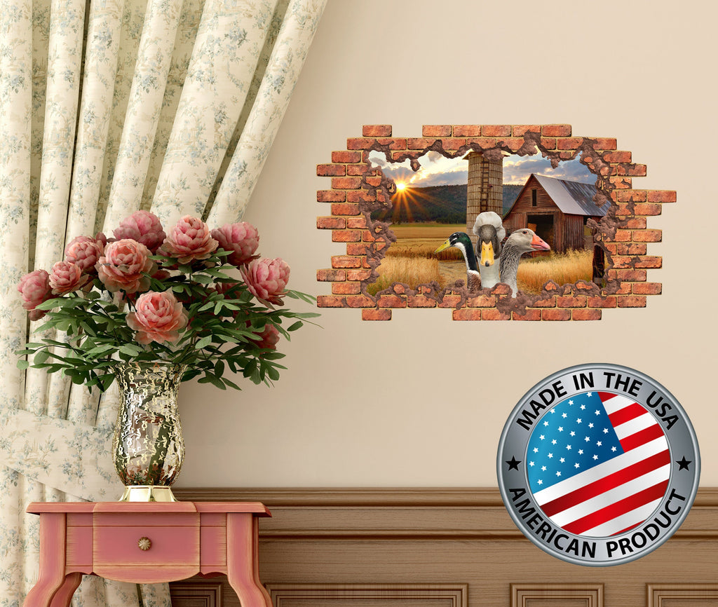 3d Hole in the Wall Decal. Farm Animal Wall Decal. Farmhouse View Decal. Geese Wall Mural. Brick Wall Decor. Nature Wall Sticker Removable