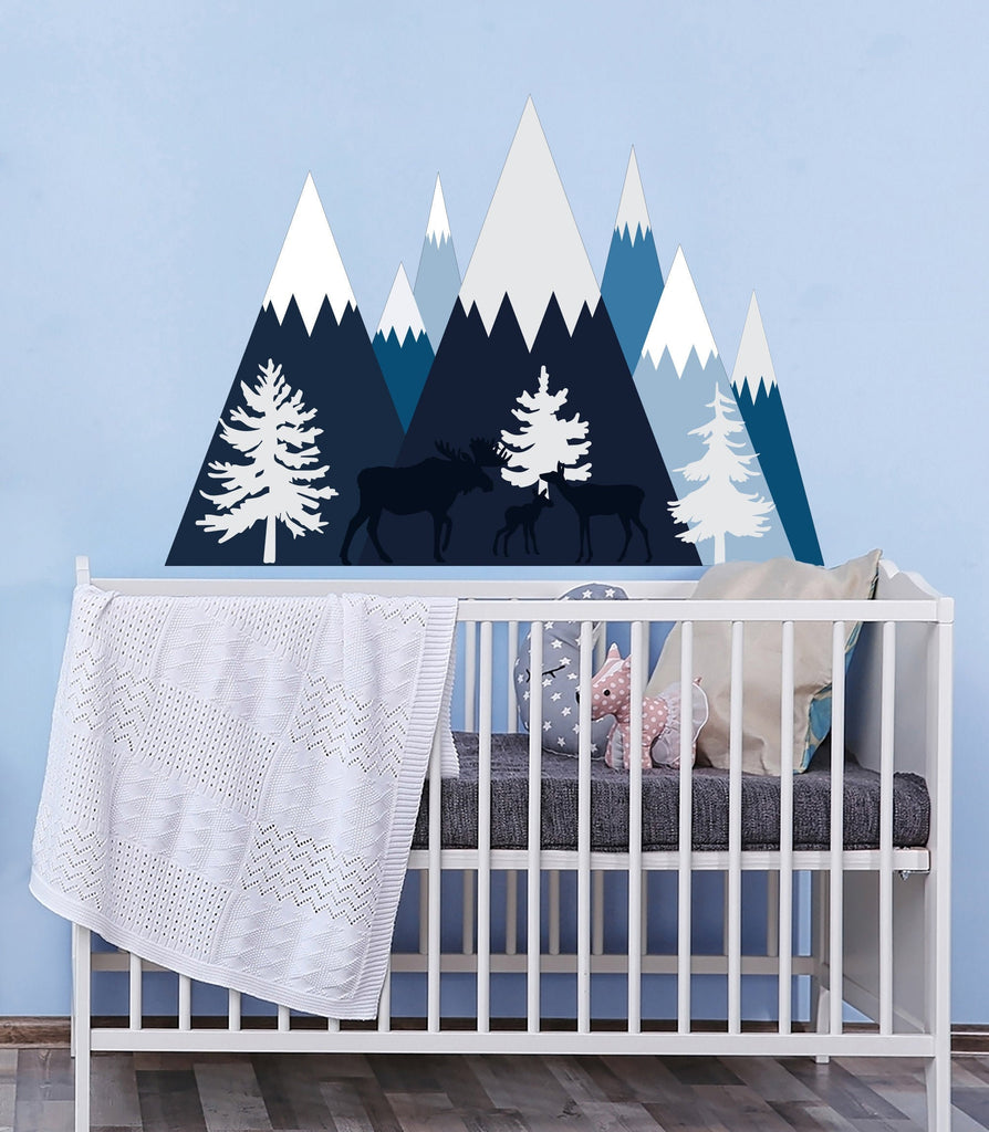 Mountain Wall Decal Baby Boy Nursery. Moose Family Wall Decal. Woodland Nursery Decor. Forest Animal Sticker. Pine Tree Forest Decal Kids
