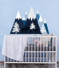 Load image into Gallery viewer, Mountain Wall Decal Baby Boy Nursery. Moose Family Wall Decal. Woodland Nursery Decor. Forest Animal Sticker. Pine Tree Forest Decal Kids