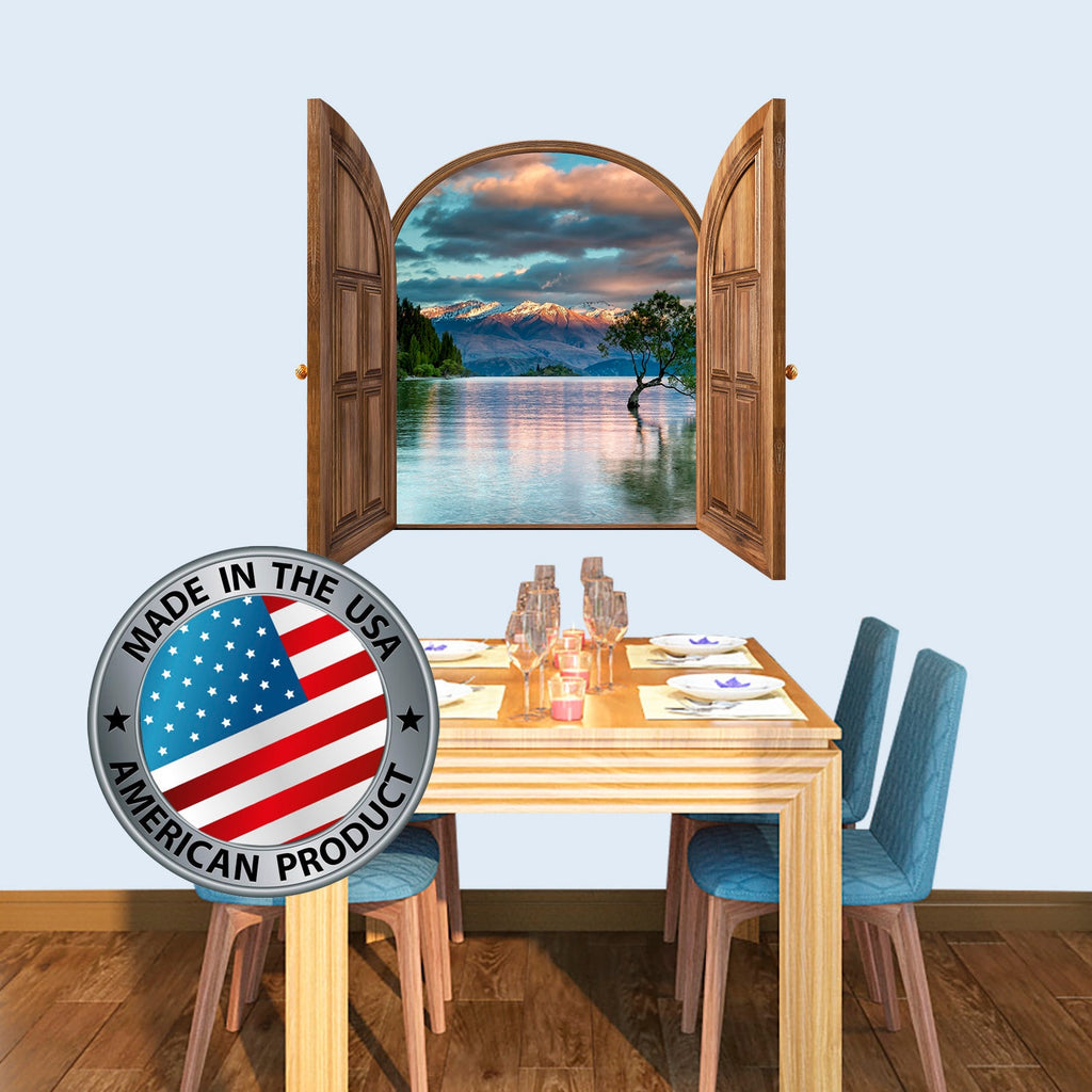3D Effect Window Frame Wall Decal with Mountain View. Nature Wall Decor. Woodland Wall Mural. Lake View Wall Sticker Travel Agency Decor
