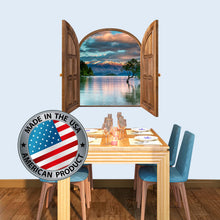Load image into Gallery viewer, 3D Effect Window Frame Wall Decal with Mountain View. Nature Wall Decor. Woodland Wall Mural. Lake View Wall Sticker Travel Agency Decor