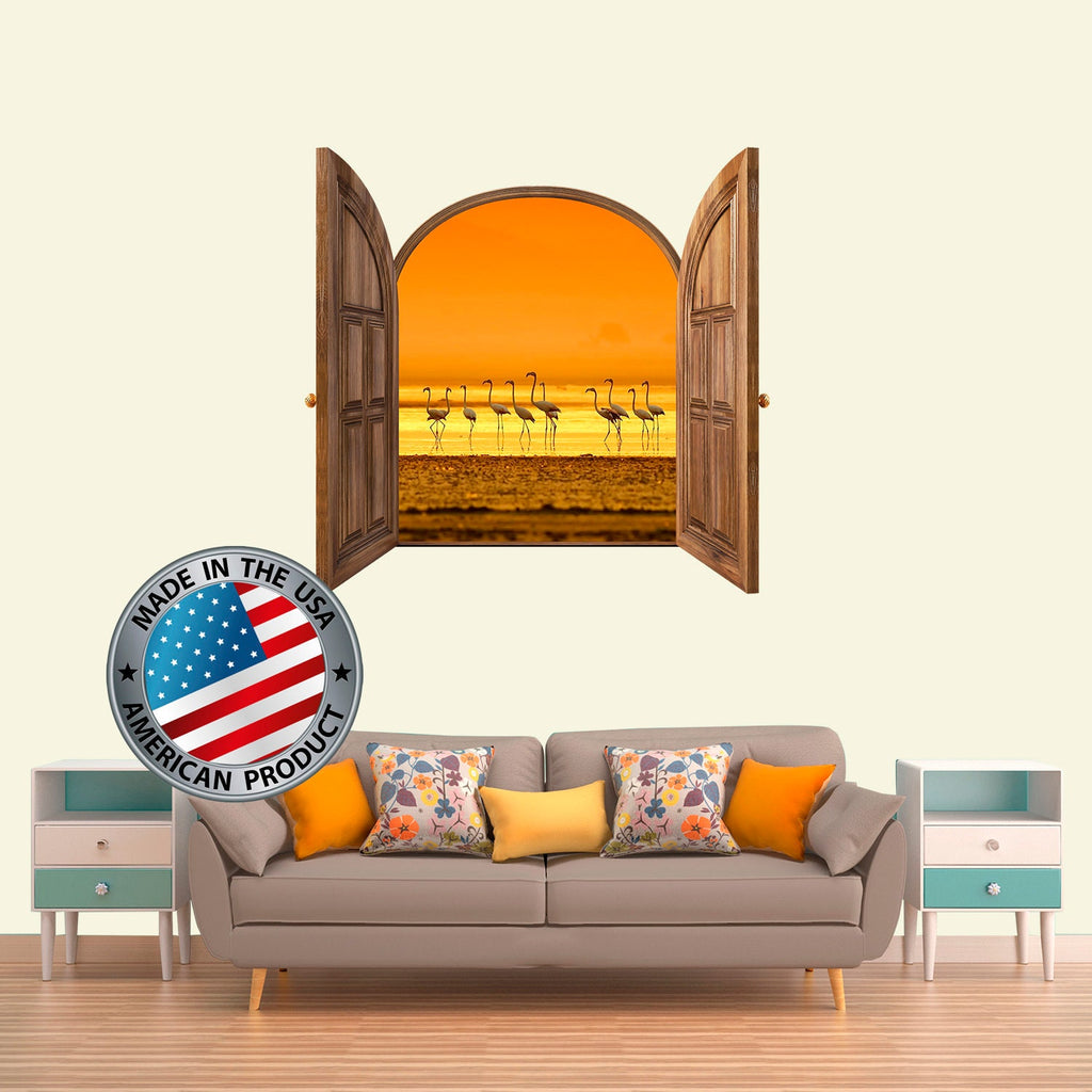 3D Effect Window Frame Wall Decal with Ocean View. Sunset Wall Sticker. Flamingo Birds Wall Decor for Any Rooms. Photo Wall Print Large Size