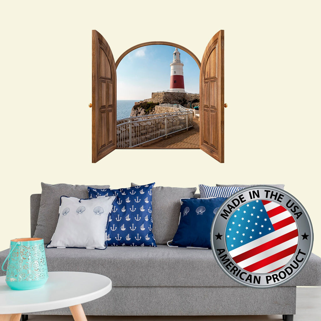 3D Effect Window Frame Wall Decal with Sea View. Lighthouse Wall Mural. Nautical Wall Decor. Custom Printed Wall Decals. Nature Wall Decal