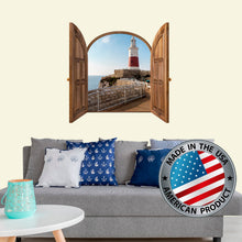 Load image into Gallery viewer, 3D Effect Window Frame Wall Decal with Sea View. Lighthouse Wall Mural. Nautical Wall Decor. Custom Printed Wall Decals. Nature Wall Decal