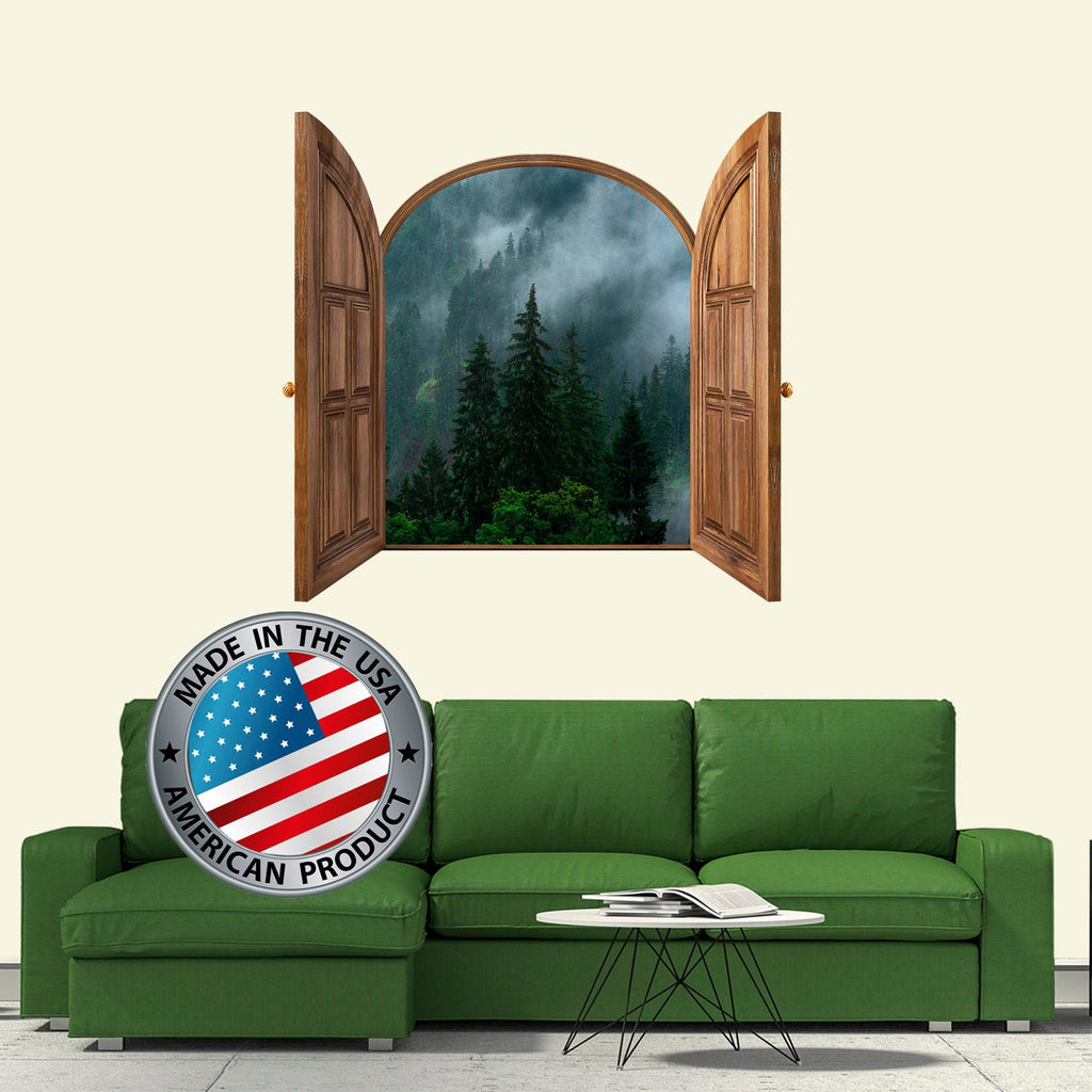 Pine Tree Forest Wall Decal. 3D Window Frame Wall Decal. Mountain View Wall Mural. Woodland Decor for Any Room. Foggy Forest Wall Decal
