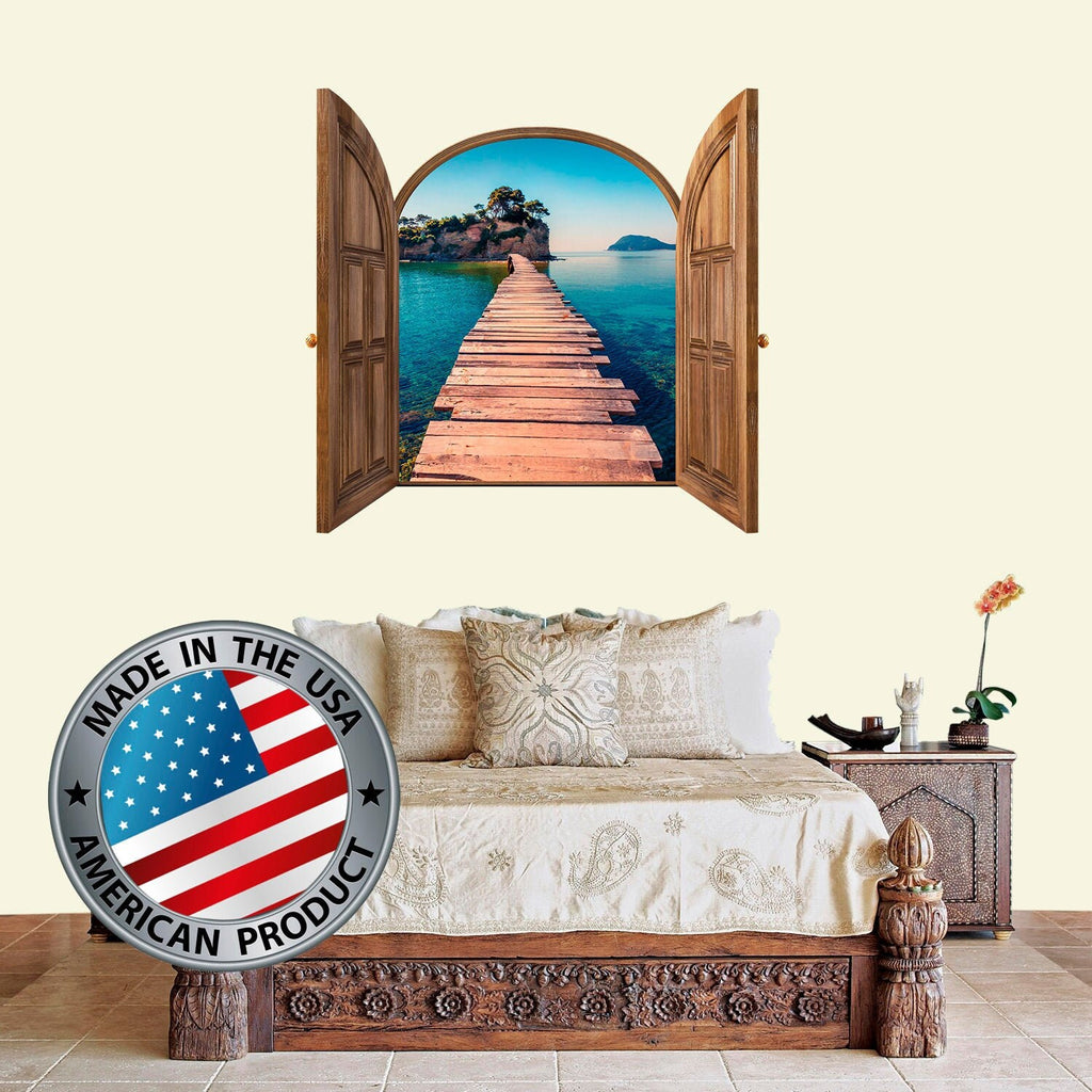3D Effect Window Frame Wall Decal with Ocean View. Exotic Decor. Maldives Mural Removable. Photo Wall Mural Nature. Travel Agency Decor