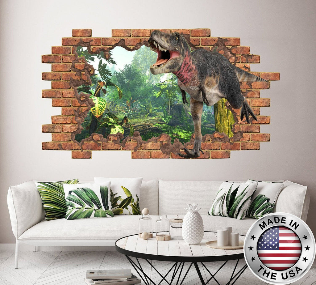 3D Dinosaur Hole in the Decals. Nature Vinyl Stickers. Jurassic World Removable Murals. Dinosaur Above Bed Decor. Peel and Stick NT57