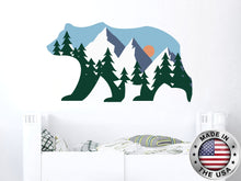 Load image into Gallery viewer, Bear Wall Sticker. Pine Tree and Mountains Wall Murals. Woodland Vinyl Sticker. Bear Removable Decals. Bear Nursery Above Crib Decor NT60