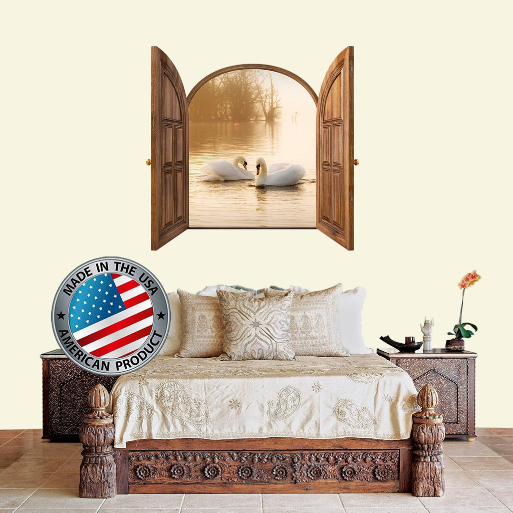 Swan Wall Decal for Bedroom. Headboard Wall Decal. 3D Window Frame Wall Mural. Personalized Gift Wedding. Universary Gift. Romantic Decor