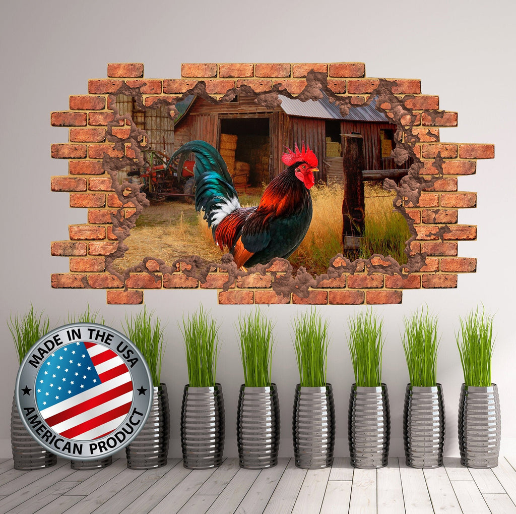 3D Rooster Wall Mural. Hole in the Wall Decal. Farm Animal Wall Decal. Farmhouse View Decal. Brick Wall Decor. Nature Wall Sticker Removable