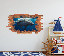 Load image into Gallery viewer, 3D Whale Wall Decal. Nautical Nursery Boy Room Decals. Ocean Wall Mural. Wall Crack Decal. Marine Life Wall Sticker Custom Printed Size