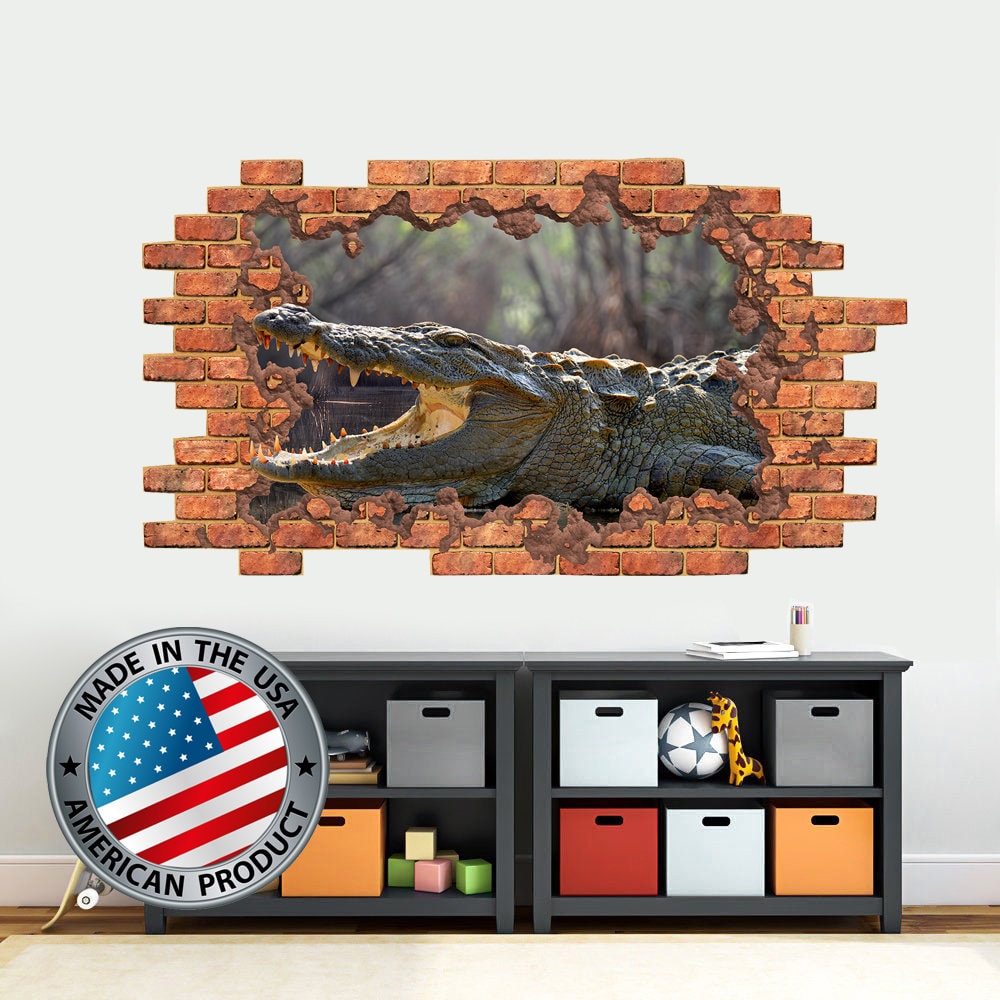 3D Alligator Wall Decal. Hole in the Wall Decal. Exotic Wall Decal Tropical Animal Sticker. Teen Boy Room Wall Decor. Crocodile Wall Decal