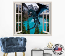 Load image into Gallery viewer, Dragon Window Wall Decal. Nature Vinyl Sticker Murals. Blue Dragon Removable Decals. Mountains Decorations. Dragon Above Bed Decor NT66