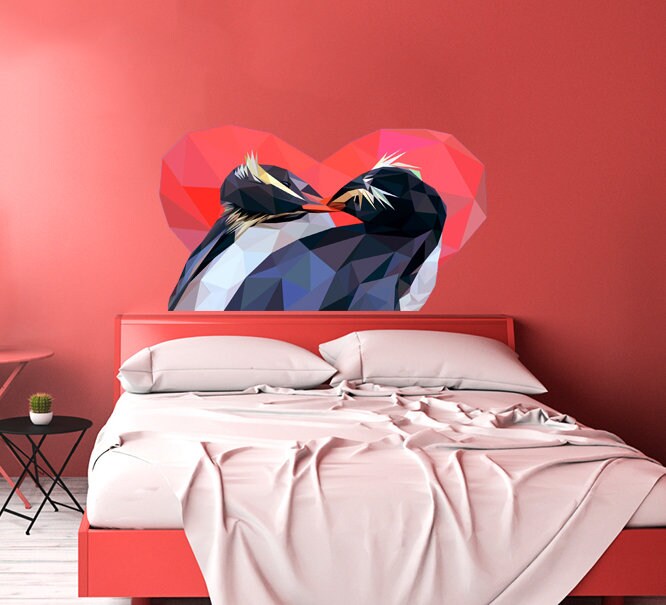 Penguin Love Heart Wall Decal for Home Nursery Playroom Bedroom Decoration, Penguin Polygon sticker, modern wall art, Multi Color GD28