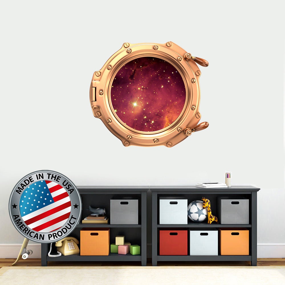 3D Porhole Wall Decal. Space Wall Mural Kids Room. Porthole Window Sticker Boy Bedroom. Red Galaxy View Sticker. Study Room Decor LP8
