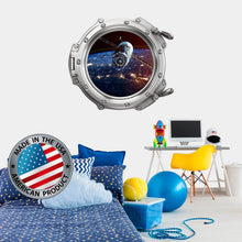 Load image into Gallery viewer, 3D Porhole Wall Decal. Space Wall Mural Kids Room. Satellite Porthole Window Sticker Boy Bedroom. Dark Galaxy Sticker. Study Room Decor LP26