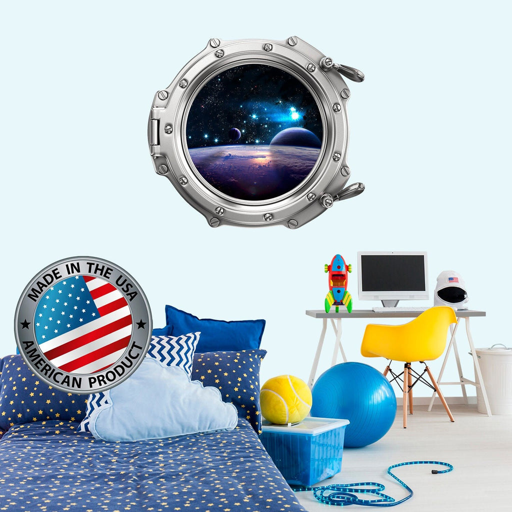 3D Porhole Wall Decal. Space Wall Mural Kids Room. Satellite Porthole Window Sticker Boy Bedroom. Dark Galaxy Sticker. Study Room Decor LP34
