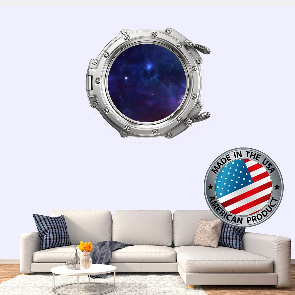 3D Porhole Wall Decal. Space Wall Mural Kids Room. Porthole Window Sticker Boy Bedroom. Blue Galaxy View Sticker. Study Room Decor LP44