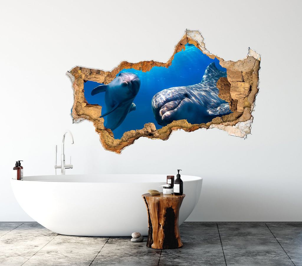 3D Hole in the Wall Mural / Dolphins Wall Decal Kids / Nautical Nursery Wall Decor / Ocean Life Sticker / Boy Girl Room Wall Decal P215