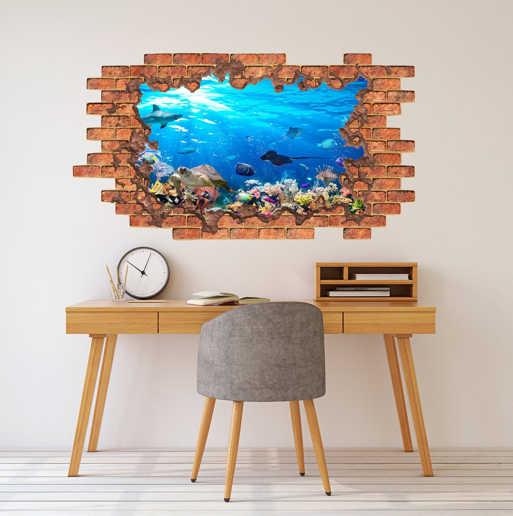 Underwater Life 3D Hole in the Wall Sticker. Ocean Life Wall Decor Kids. Sea Fish Wall Mural. Turtle Wall Decal. Exotic Fish Wall Decal