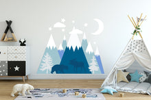 Load image into Gallery viewer, Mountain Wall Decal Baby Boy Nursery. Pine Tree Forest Wall Mural. Woodland Wall Decal Kids. Bear Wall Decal. Moose Wall Decal Children